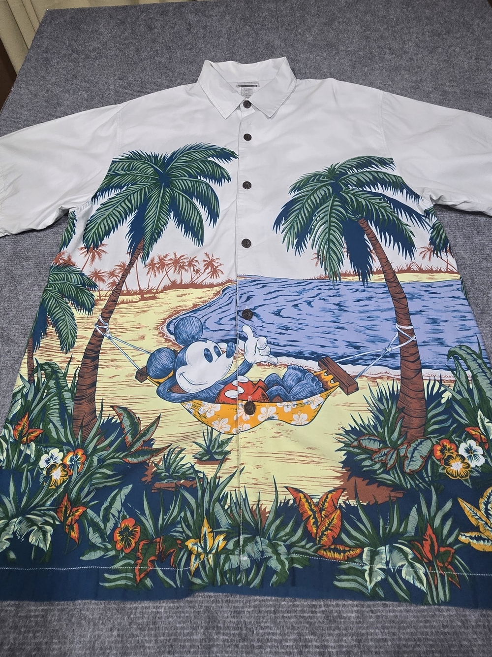 Disney Parks Hang Loose 1971 Mickey Pluto Hawaiian Shirt XL Walt Disney World AO